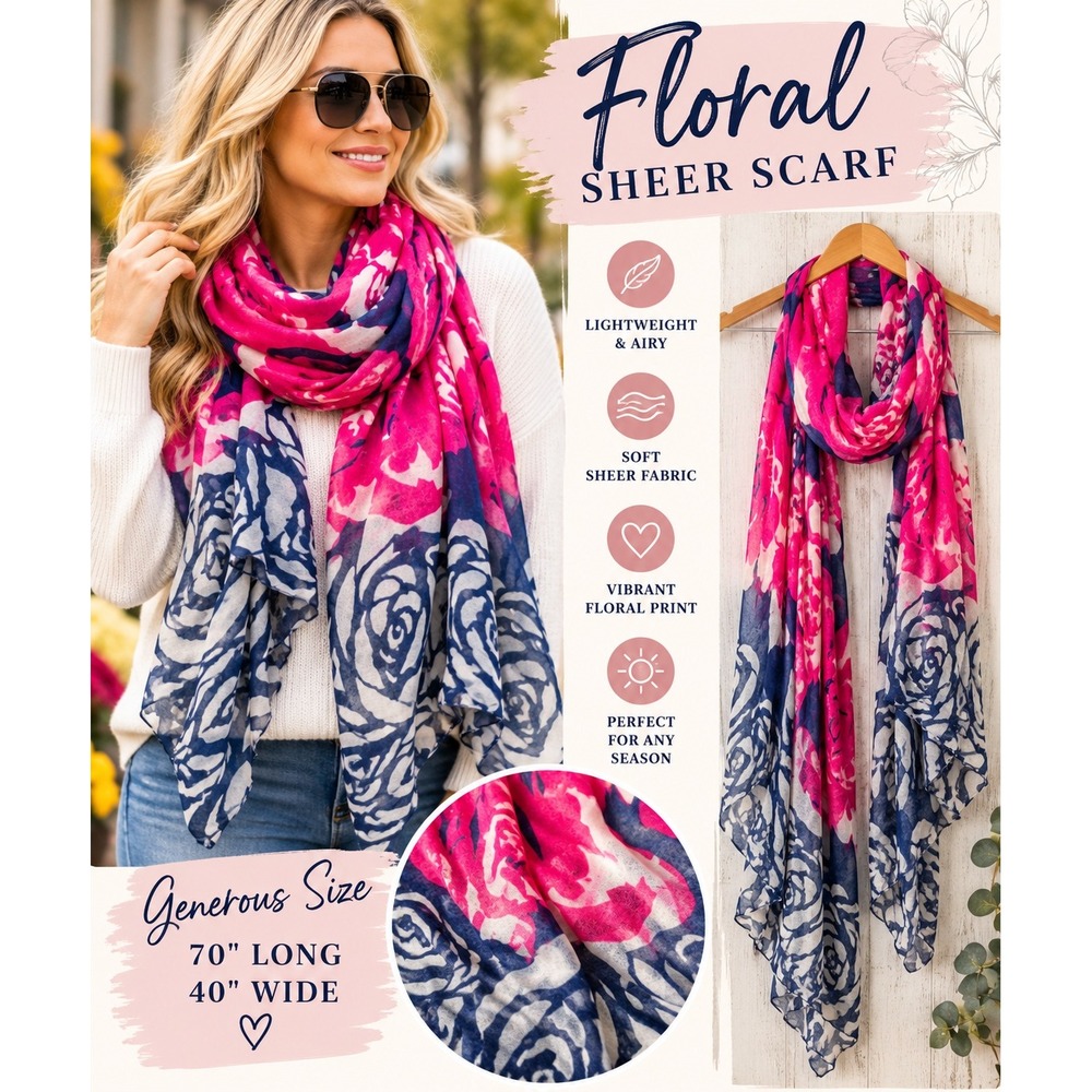 Hot Pink Navy Blue Floral Sheer Scarf Lightweight Oversized Wrap Shawl Womens OS